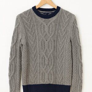 J.Crew Cable Knit Crewneck Sweater – Grey with Navy Trim – 100% Cotton